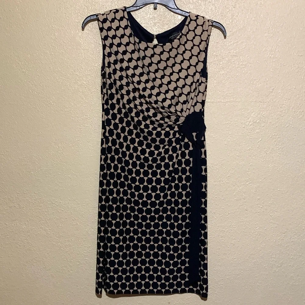 Connected Apparel Dress 8 Stretchy Tan Black Navy Pull Over Ruched Dots - Picture 1 of 16
